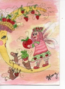 ACEO original acrylic mini strawberry painting 'Strawberries For Moon' pink fay - Picture 1 of 1