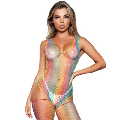 Rainbow Net Teddy Bodysuit Thigh High Stockings Set Wide Fishnet Sleeveless 2056 - Image 1 of 4