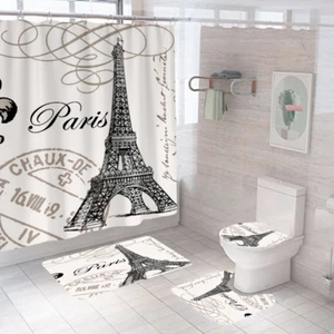 Eiffel Tower Bathroom Shower Curtain Small Carpet Non-slip Mat Toilet Seat Cover - Picture 1 of 17