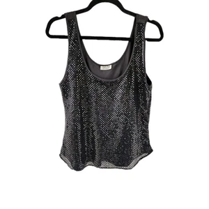 Nueva con etiquetas Camiseta sin mangas de lentejuelas grande negra satinada transparente Y2K Año Nuevo Vacaciones Brillo  - Imagen 1 de 7