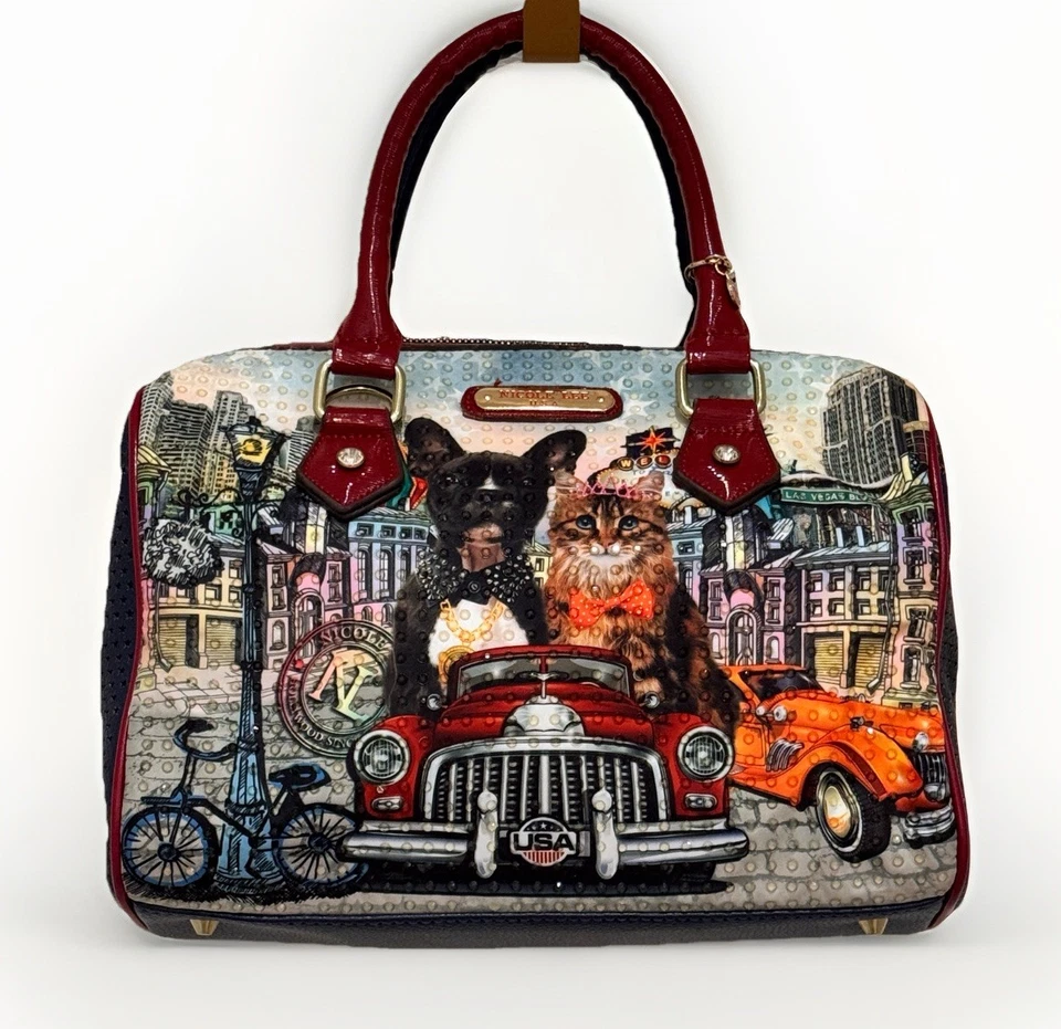 Nicole Lee City Drive Bag Boston Print Dog And Cat Red and Blue Double Handle - Image 1 of 4