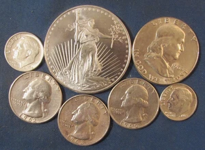 LOT 6 US SILVER COINS & 1 OZ 999 SILVER LIBERTY ROUND 1963 HALF $ 3 QUARTERS - Picture 1 of 3