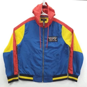 Forever 21 Jacket Mens Large Blue Red Yellow Hooded Full Zip Colorblock Patch - Picture 1 of 10