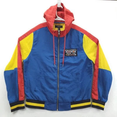 Forever 21 Jacket Mens Large Blue Red Yellow Hooded Full Zip Colorblock Patch - Image 1 of 4