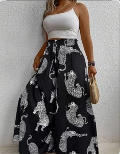Emery Rose Hose weites Bein XL schwarz Animalprint lockere Passform Übergröße Boho Chic - Bild 1 von 8