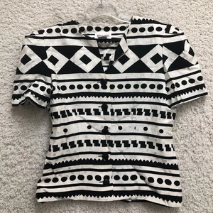 VINTAGE Maggy London Top Shirt 14 Womens Beige Silk Aztec Striped Blouse Womens - Picture 1 of 7