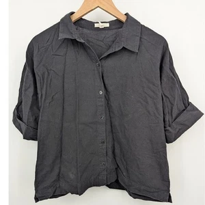 Organic Cotton Blend Short Sleeve Eileen Fisher Small Petite Black Button Down - Picture 1 of 4