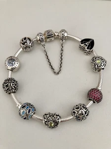 Sterling Silver Pandora Bracelet  ALE925 With Charms & Safety Chain 20cm Length - Picture 1 of 11