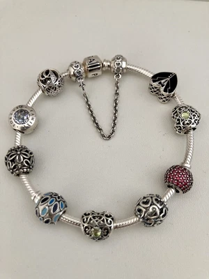 Sterling Silver Pandora Bracelet  ALE925 With Charms & Safety Chain 20cm Length - Image 1 of 4