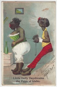 1910 Black African American Comic, Man Tightens Fat Wife's Corset - Idaho Pride - Foto 1 di 2