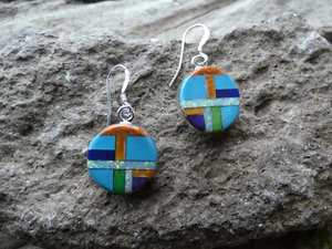 Southwestern Circle Sterling Silver 925 Multi Gemstone Colorful Earrings NEW D88 - Picture 1 of 7