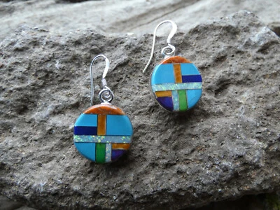 Southwestern Circle Sterling Silver 925 Multi Gemstone Colorful Earrings NEW D88 - Image 1 of 4