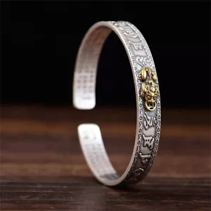 925 Silver Pixiu Attract Wealth Good Luck Bracelet Feng Shui Cuff Wristband - Picture 1 of 8
