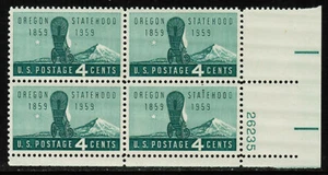US USA Sc# 1124 MNH FVF PLATE # BLOCK Oregon Statehood Covered Wagon Mountain - Picture 1 of 1