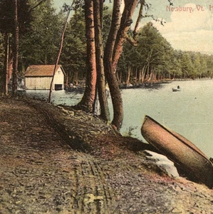 c.1909 Newbury Vermont Hall's Pond Postcard Canoe Boathouse Shoreline Trail Camp - Picture 1 of 3