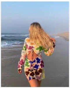 With Jean Mini Dress Hermana Cut Out Long Sleeve Viola White Floral Party XXS XS - Picture 1 of 8