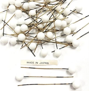 144 ANTIQUE JAPANESE WHITE GLASS 8mm. BEAD AGED BRASS 2" BENDABLE HEAD PINS 4005 - Picture 1 of 4