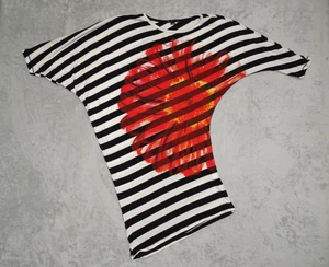 Sisley Asymmetrical Women Top Striped Shirt Red Flower Graphic Batwing Tee 2XL - Picture 1 of 15