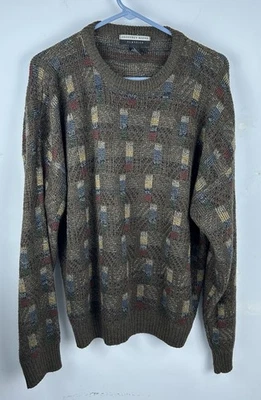 Vtg Geoffrey Beene Men Classic Abstract Acrylic Grandpa Sweater Brown L Checked - Image 1 of 4