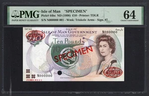 Isle Of Man 10 Pounds ND(1998) P44bs "Specimen N.001" UNC Grade 64 Top Pop - Picture 1 of 2