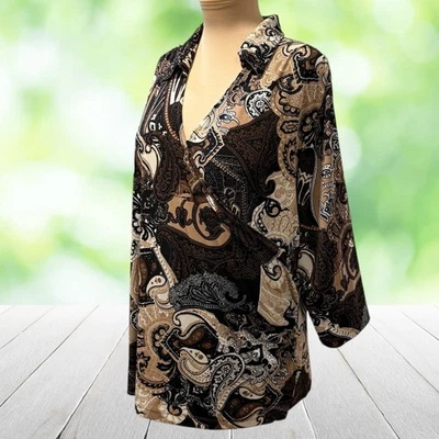 SUSAN GRAVER Top Mujer 2X Marrón Negro Paisley Líquido Tejido Sobrepelliz Túnica Oficina Foto 1 de 4
