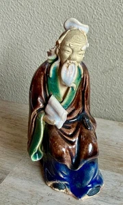 Vintage chinesische Shiwan Mudman Tonfigur handbemalt älterer Gelehrter Weiser 4,5 Zoll - Bild 1 von 7