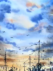 Pintura Acuarela, Paisaje Otoño, Cielo Azul, Mejor Regalo, Pintura Mural Relax. - Imagen 1 de 11