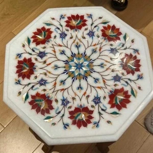 Elegant White Marble Coffee Table - Semi-Precious Inlay Floral Art for Stylish - Picture 1 of 9