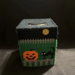 Vtg Handmade Plastic Canvas Halloween Ghost Pumpkin Black Cat Tissue Box Cover - Picture 1 of 6