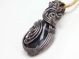 Black Strip Agate Brass Pendant Silver Oxidised Polished Wire Wrapped Jewelry - Picture 1 of 8