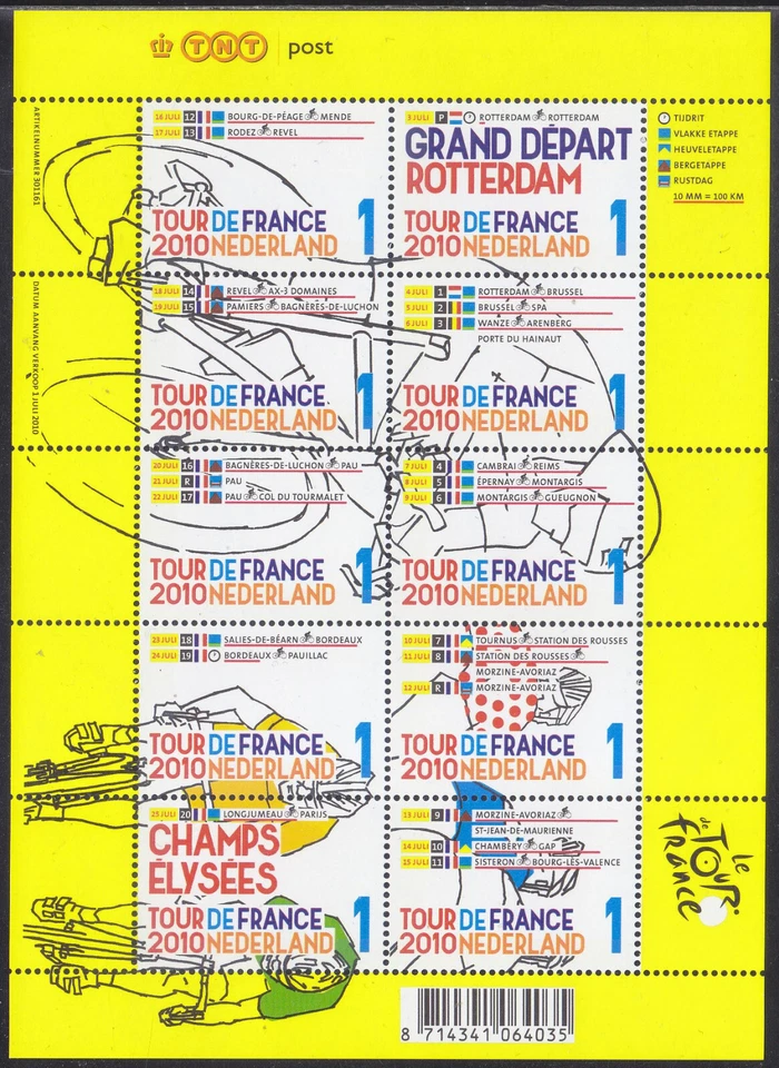荷兰发行 2010 (MS 2720 - 2729) 自行车 - 法国巡回赛 — 第 1/1 张图片