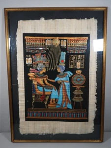 35” x 25” 100 % großes ägyptisches handgefertigtes Papyrusgemälde goldener Thron Tut König - Bild 1 von 9