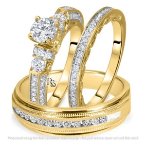 3.20Ct Round Cut Created Diamond His & Her Trio Ring Set 14K Yellow Gold Finish - Picture 1 of 13