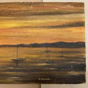 Seascape Original Art Signed Archer Long Orange Painting MCM Vtg Folk Art 1960s, - Picture 1 of 13