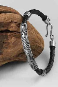men's 925 Sterling Silver Pencil Crafted bracelet, Real Leather Knitted Bracelet - Picture 1 of 4