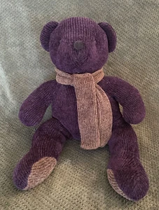 Pottery Barn Purple Plush Teddy Bear, Chenille, Green Scarf Weighted Beanbag Toy - Picture 1 of 8