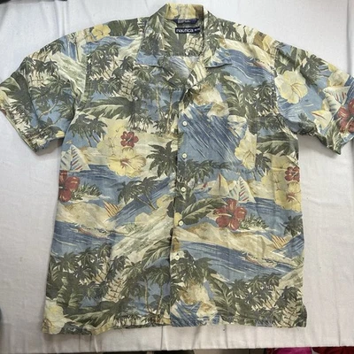 Nautica Shirt Men XL Green Floral Hawaiian Linen Blend Button Up - Image 1 of 4