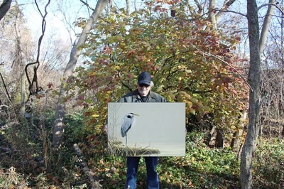 PINTURA ORIGINAL DE FRASA GRAN GARZA AZUL PÁJARO ARTE DE VIDA SILVESTRE Pato Sello Artista Foto 1 de 2