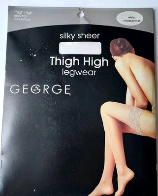 VTG "George" Thigh High Silky Sheer Stockings Lace Sandal Foot White Medium/Tall - Image 1 of 4
