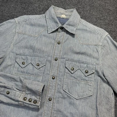 Camisa masculina GAP pequena ferrovia listra de nogueira dente de serra pérola encaixe azul denim - Imagem 1 de 4