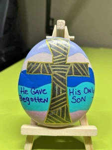 Signed Hand Painted Stone Rock Religious Cross Home Office Patio Garden Decor - Picture 1 of 4