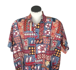 Happy Bay Men’s 2XL Blue Red Hawaiian Aloha Shirt Hibiscus Sea Turtle Pineapples - Picture 1 of 7