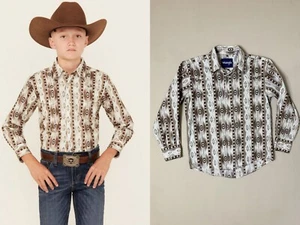 Wrangler Boys Checotah Sz M 8/9 Southwestern Striped Pearl Snap Western Shirt 21 - Picture 1 of 17