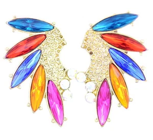 Very unusual colourful crystal bird wing earrings - Picture 1 of 3