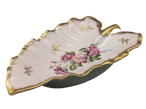 Piatto caramelle vintage Lefton dipinto a mano rose forma foglia con bordo oro - spedizione gratuita. - Foto 1 di 10