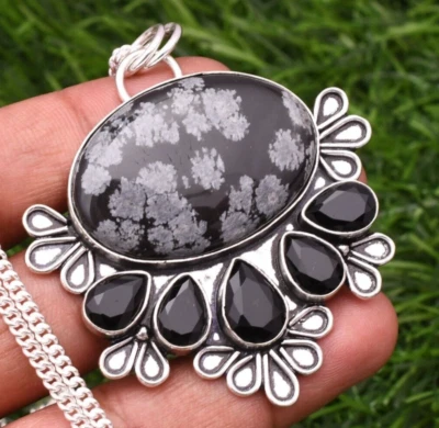Fiocco di neve ossidiana argento sterling 925 gemma gioiello fatto a mano cio... - Immagine 1 di 4