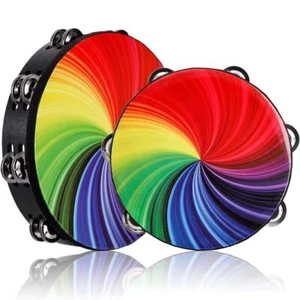 Rainbow Wood Tambourine 8/10-Inch Children's Drum Hand Held Drum Party Church - Picture 1 of 24