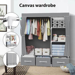 LOEFME Fabric Canvas Wardrobe 165cm Closet + Hanging Rail & 3 Storage Boxes Grey