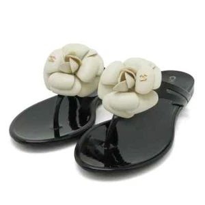 CHANEL Camellia COCO Mark Rubber Thong Beach Sandals 36 Black x Off white Auth - Picture 1 of 8