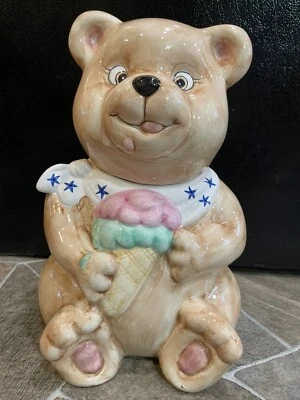 Tarro de galletas Patriótico Oso Cerámica 11 3/4" Vintage 4 de Julio Estrellas HELADO Foto 1 de 4